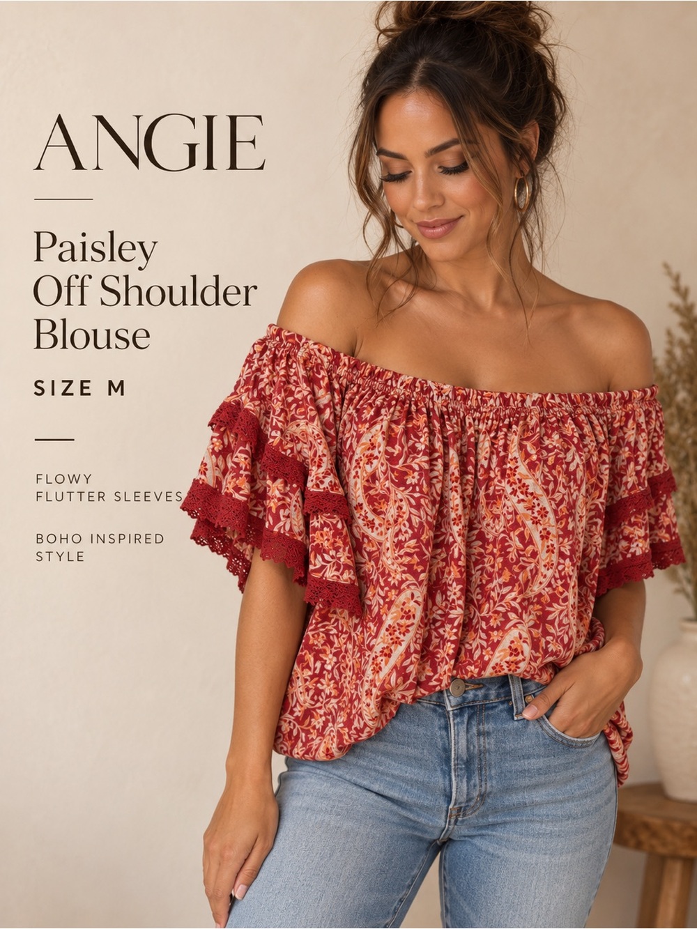 Angie Red Paisley Off Shoulder Flutter Sleeve Boho Blouse Size M